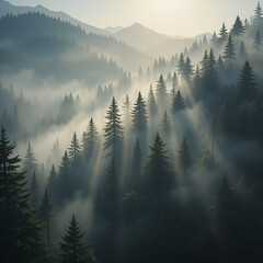 Sun Rays Breaking Through Misty Pine Forest in Mountain Landscape