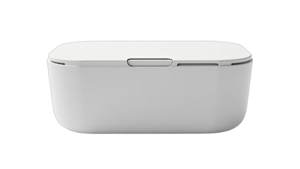 Modern, light gray storage container with a lid.