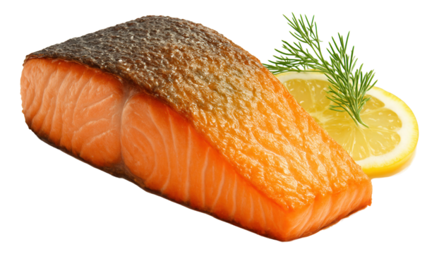 Seared salmon fillet with crispy skin, presented on a white ceramic dish. - Powered by Adobe