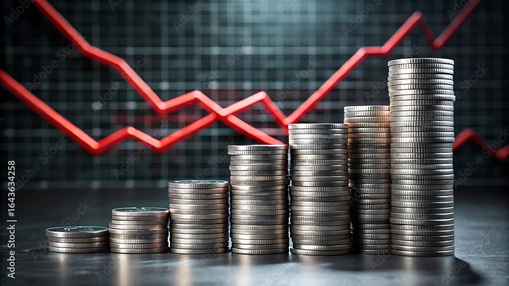 Aufkleber rising stacks of coins ascend in value against a backdrop of a volatile red stock market graph indic