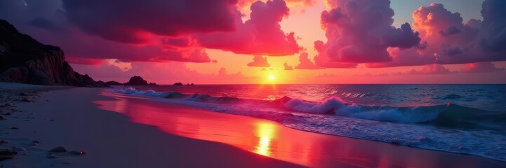 Fototapeta premium Fiery hues blaze across ocean, beach silhouetted against vibrant sky, sky, reflection, summer