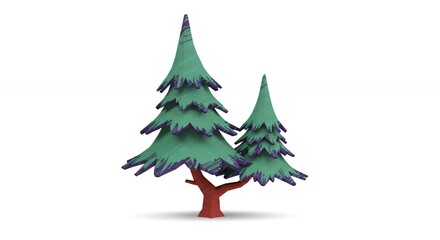 Obraz premium Two cartoon pine trees against white background
