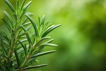 Close-up of vibrant green rosemary sprigs, detailed needle-like leaves, shallow depth of field against a blurred verdant background