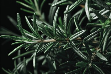 Close-up of vibrant green rosemary sprigs against a dark background, showcasing needle-like leaves and textured stems