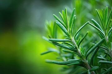 Close-up of vibrant green rosemary sprigs, sharply focused against a blurred green background, showcasing the plant's texture and needle-like leaves