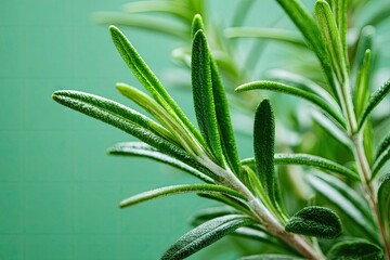 Close-up of vibrant green rosemary sprigs, showcasing needle-like leaves and subtle texture against a muted green background