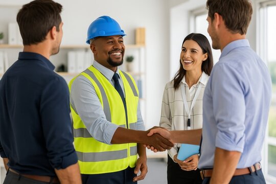 Diverse Professionals Reach an Agreement Through a Handshake in a Modern Office Setting