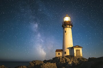 Guiding Light A Starry Night Scene with Milky Way over Pigeon Point Lighthouse Coastal Landscape Night Sky Photography