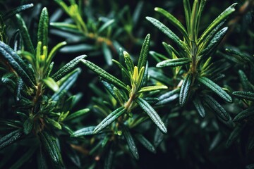 Close-up of vibrant green rosemary sprigs, showcasing textured needles and subtle water droplets, set against a dark background