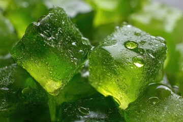 Close-up of vibrant green, translucent, cube-shaped jellies glistening with water droplets; suggestive of freshness and coolness