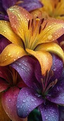 Close-up of vibrant orange and purple lilies, glistening with dew drops, showcasing intricate petal details and rich color saturation