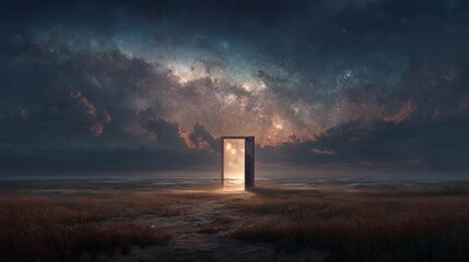 A mystical door stands open under a starry sky, leading to a vibrant horizon over the ocean at dusk.