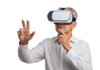 Older man wearing vr headset interacting with virtual reality isolated on transparent background