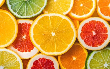 Obraz premium Vibrant Citrus Fruit Background Slices Oranges Lemons Limes Grapefruit