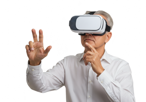 Older man wearing vr headset interacting with virtual reality isolated on transparent background - Powered by Adobe