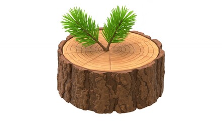 Wooden tree stump with green pine branches