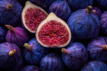 Close-up of vibrant purple figs, some halved, revealing crimson interiors; glistening with moisture; densely clustered together