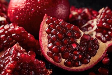 Close-up of vibrant red pomegranate arils and segments, glistening with moisture, against a dark background