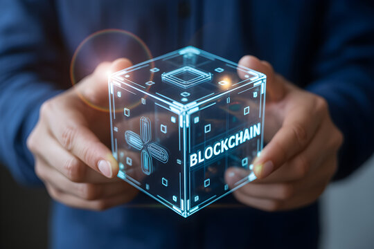 Innovative blockchain technology cube held in hands, symbolizing digital future