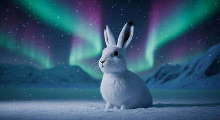  Enchanted Arctic hare amidst whispering snowfields and dancing aurora lights: a dreamlike close-up in a frozen wonderland.