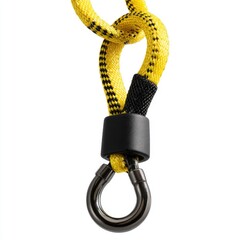Close-up of yellow rope with black accents, featuring a looped knot secured by a black cylindrical sleeve and terminating in a dark metal snap hook
