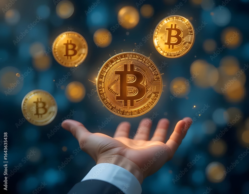 Poster digital hand reaching for floating bitcoin currency in abstract space