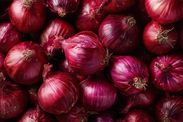 Close-up overhead shot of a pile of vibrant, deep red onions, showing their rounded shapes and textured skins