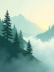Fototapeta premium serene row towering green pine trees gradually dissolves mystical landscape soft morning sunlight casting ethereal