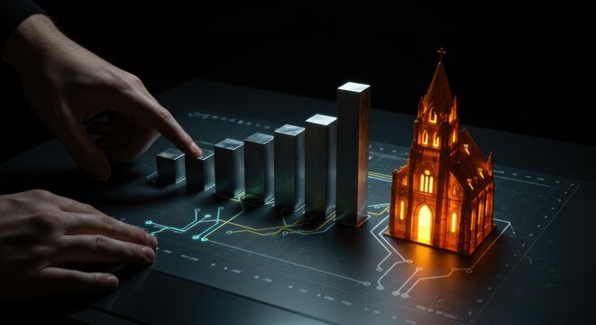 Man adjusting glowing bar chart with church model nearby. Financial growth and religious institution development concept. Investment.