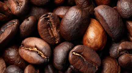 Close-up shot of numerous dark brown roasted coffee beans, showcasing their rich color, texture, and varied shapes