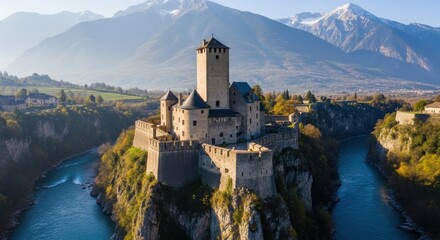 Naklejka premium Majestic fortress in a natural environment with mountains and river