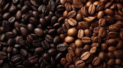 Close-up split view of dark and light roasted coffee beans, showcasing variations in color and texture