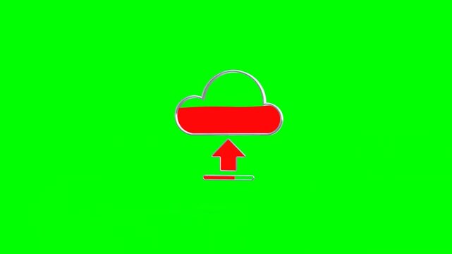 3D Animated Red Cloud Symbol With Upload Sign and Progress Bar Loading on Green Background.