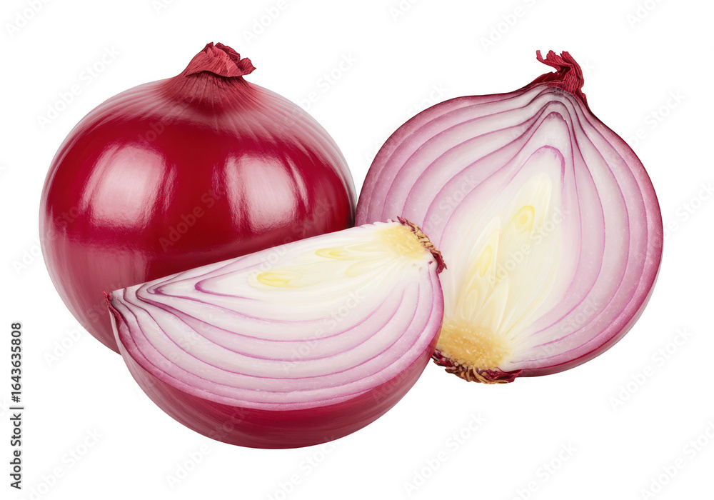 Poster red onion sliced and whole isolated on transparent background