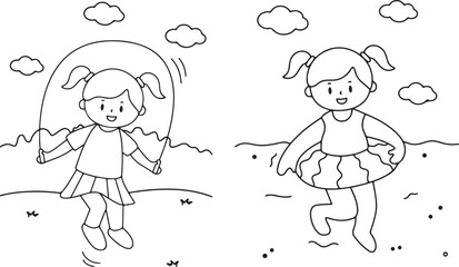 Girls Playing Tag – Outdoor, Running, Game, Fun, Friends, Child, Cartoon, Illustration, Minimal, Outline, Happy, Playtime, Kids, Activity, Summer, Sports, Coloring Page