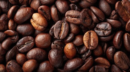 Close-up view of numerous dark brown roasted coffee beans, varying slightly in shade and exhibiting a characteristic indented center
