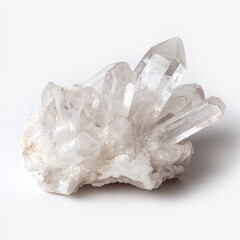 Cluster of clear quartz crystals on a rough, off-white base, exhibiting sharp points and varying sizes, set against a plain white backdrop
