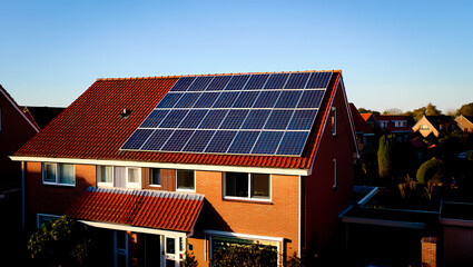 Fototapeta premium Modern Solar Panels on the Red Tiled Roof of a Brick House on a Sunny Day
