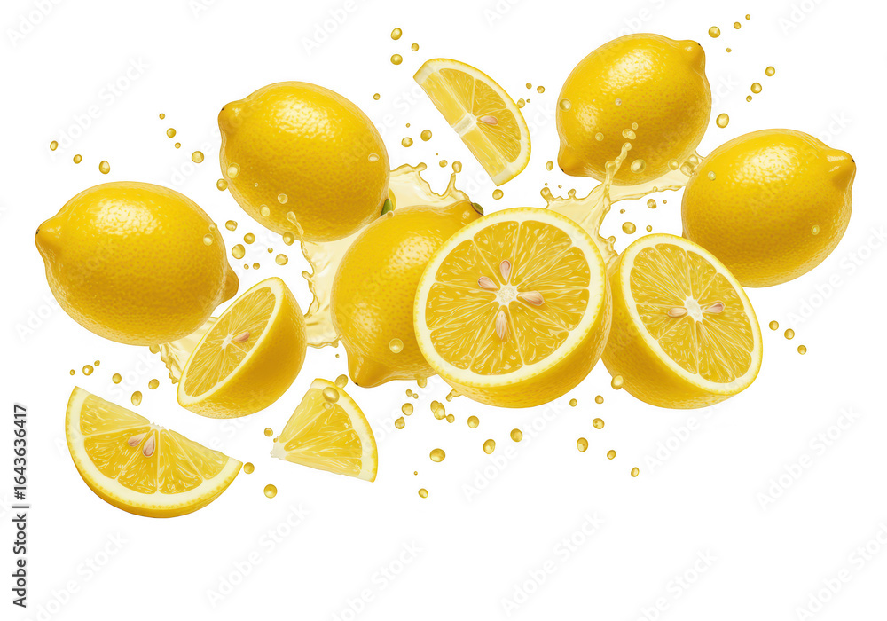 Poster fresh lemons and slices splashing in water isolated on transparent background