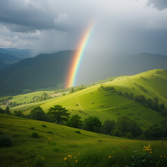 Bright Rainbow Over Lush Green Hills and Countryside Landscape