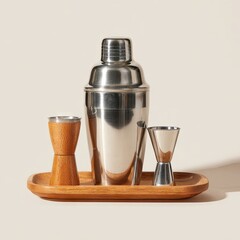 Cocktail shaker set on wooden tray; includes jiggers and a wooden jigger. Polished stainless steel cocktail shaker, two metallic jiggers, and a wooden jigger rest on a light brown rectangular tray