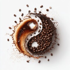 Coffee bean yin-yang symbol formed by dark and light brown coffee splashes, scattered beans on white background