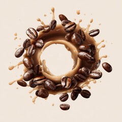Coffee beans and creamer form a circular splash, creating a ring with a central empty space against a beige background