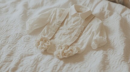Obraz premium Elegant white baby shirt with suspenders on a textured soft white blanket creating a soothing and