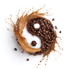 Coffee beans and liquid form yin-yang symbol with splash