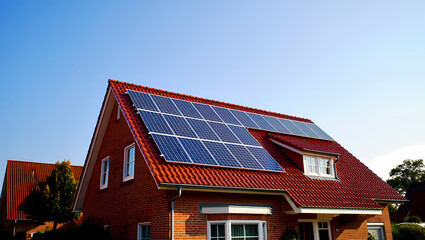 Modern Solar Panels on the Red Tiled Roof of a Brick House on a Sunny Day