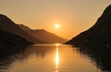 serene late afternoon scene captures warm golden sunset casting gentle ripples tranquil river majestic mountain silhouettes rise