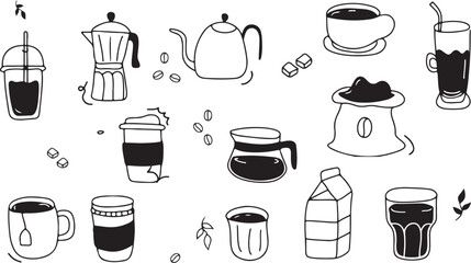 Tea and Coffee Items &ndash; Hot Drinks, Beverage, Cafe, Minimal, Illustration, Teapot, Cup, Milk, Bottle, Doodle, Cartoon, Outline, Kitchen, Barista, Morning, Drinkware, Fresh, Cafe Culture