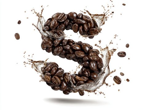 Coffee beans forming letter 'S' with splashing liquid, isolated on white background, creating dynamic and caffeinated visual