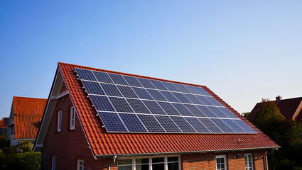 Fototapeta premium Modern Solar Panels on the Red Tiled Roof of a Brick House on a Sunny Day